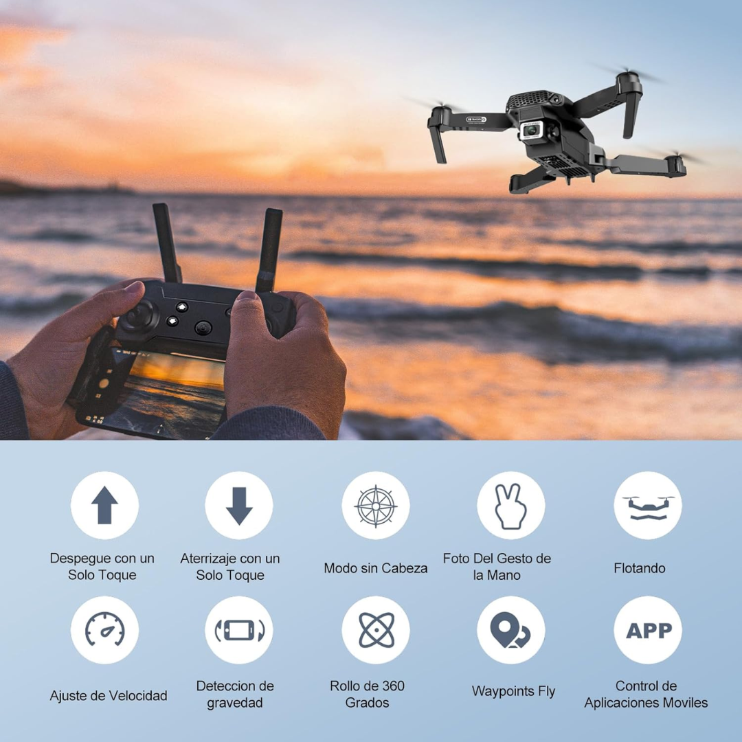 Dron E88 Pro con Cámara 4K , GPS , Wifi FPV, Plegable, Giro 360° y Altitud Hold.